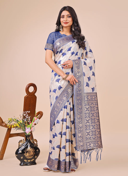 Woven Cotton Blue Contemporary Saree S15151