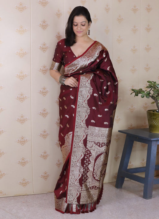 Brown Banarasi Silk Contemporary Saree Woven S19464