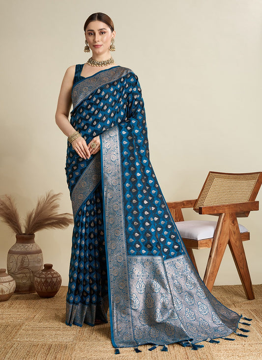 Blue Satin Silk Trendy Saree Woven S16829