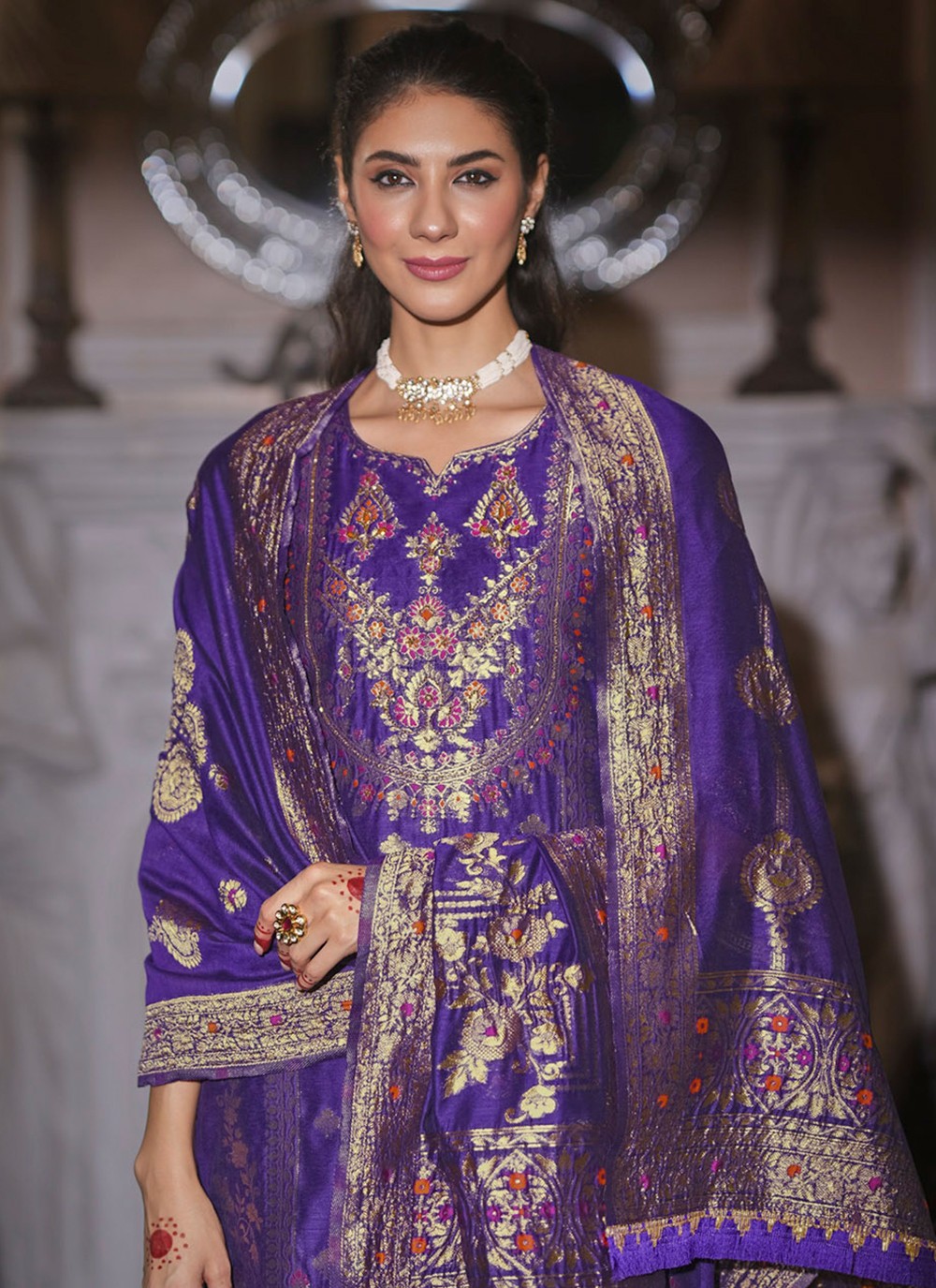 Pant Style Suit Hand Embroidery, Jacquard Work, Woven Blue T8165