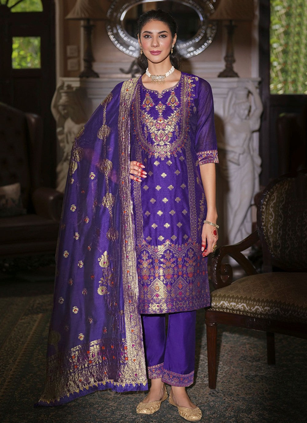 Pant Style Suit Hand Embroidery, Jacquard Work, Woven Blue T8165