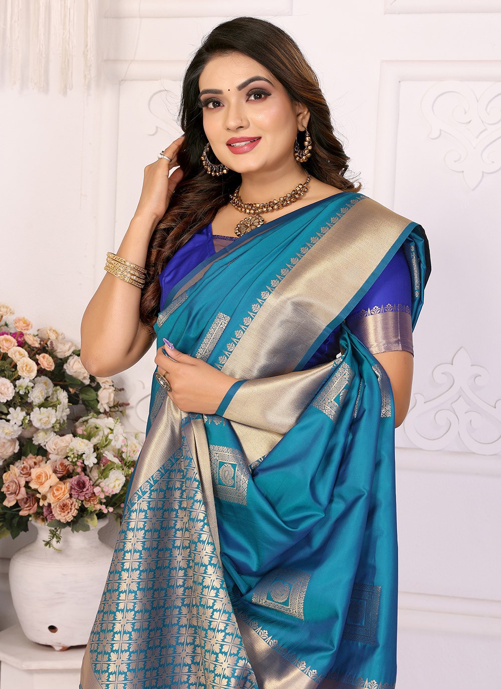 Woven Silk Firozi Saree S14746