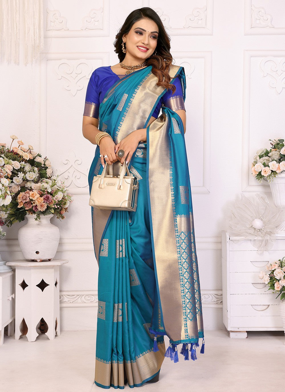 Woven Silk Firozi Saree S14746