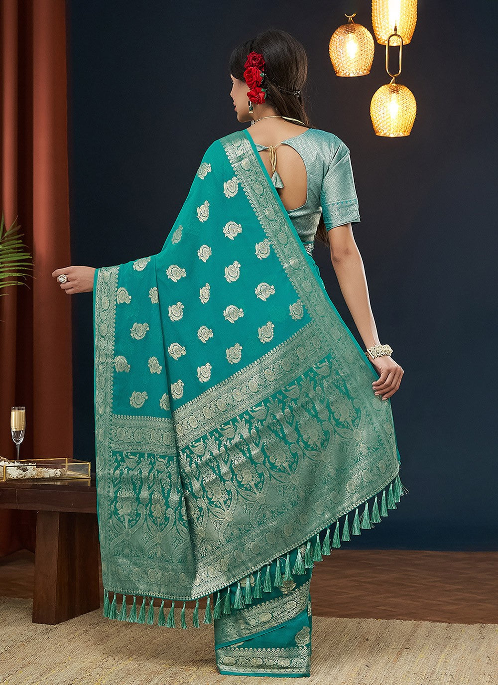 Classic Saree Jacquard Work Aqua Blue Georgette S12544