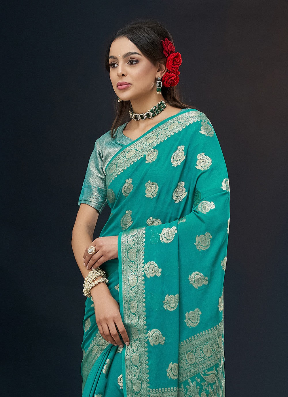 Classic Saree Jacquard Work Aqua Blue Georgette S12544