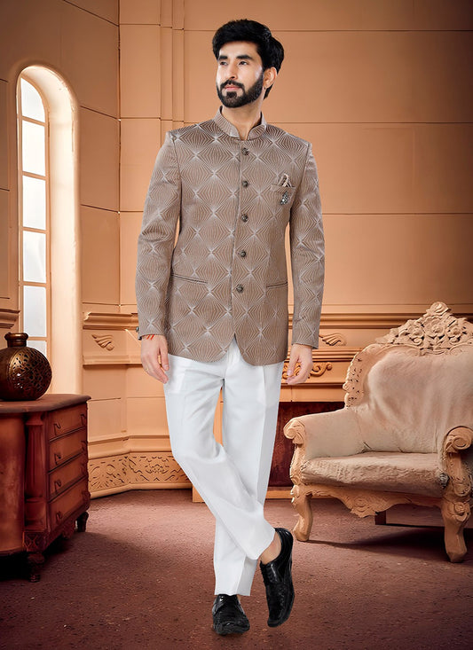 Woven Jacquard Brown Jodhpuri Suit - M4328