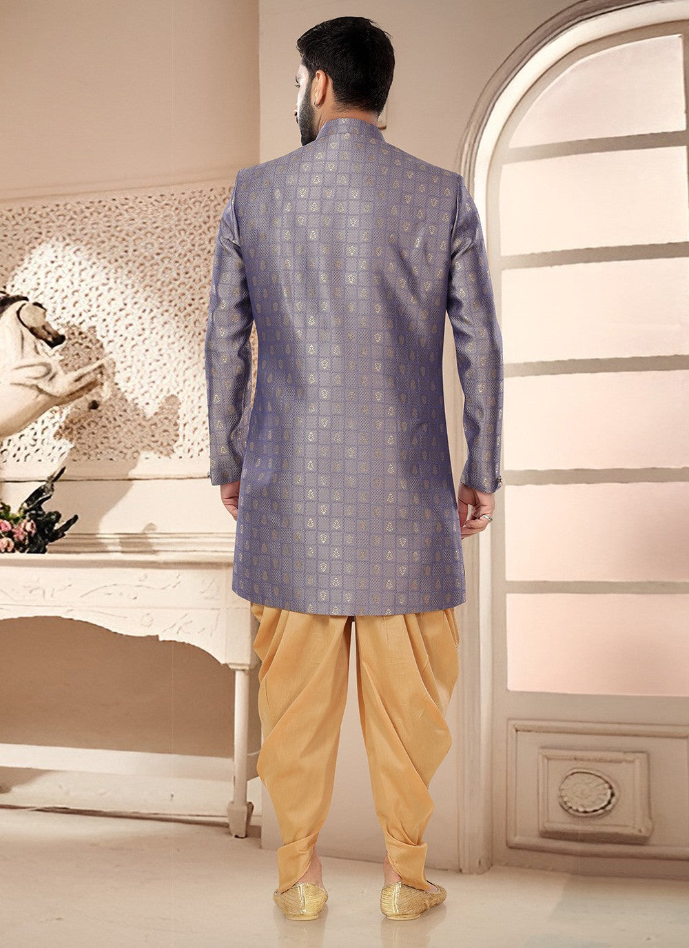 Woven Jacquard Grey Sherwani - M7530