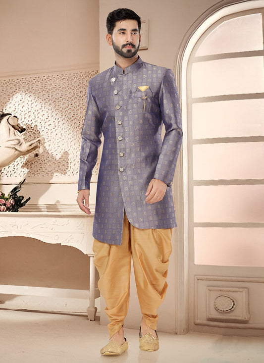 Woven Jacquard Grey Sherwani - M7530