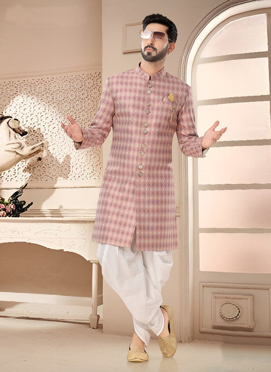 Woven Jacquard Pink Sherwani - M7534