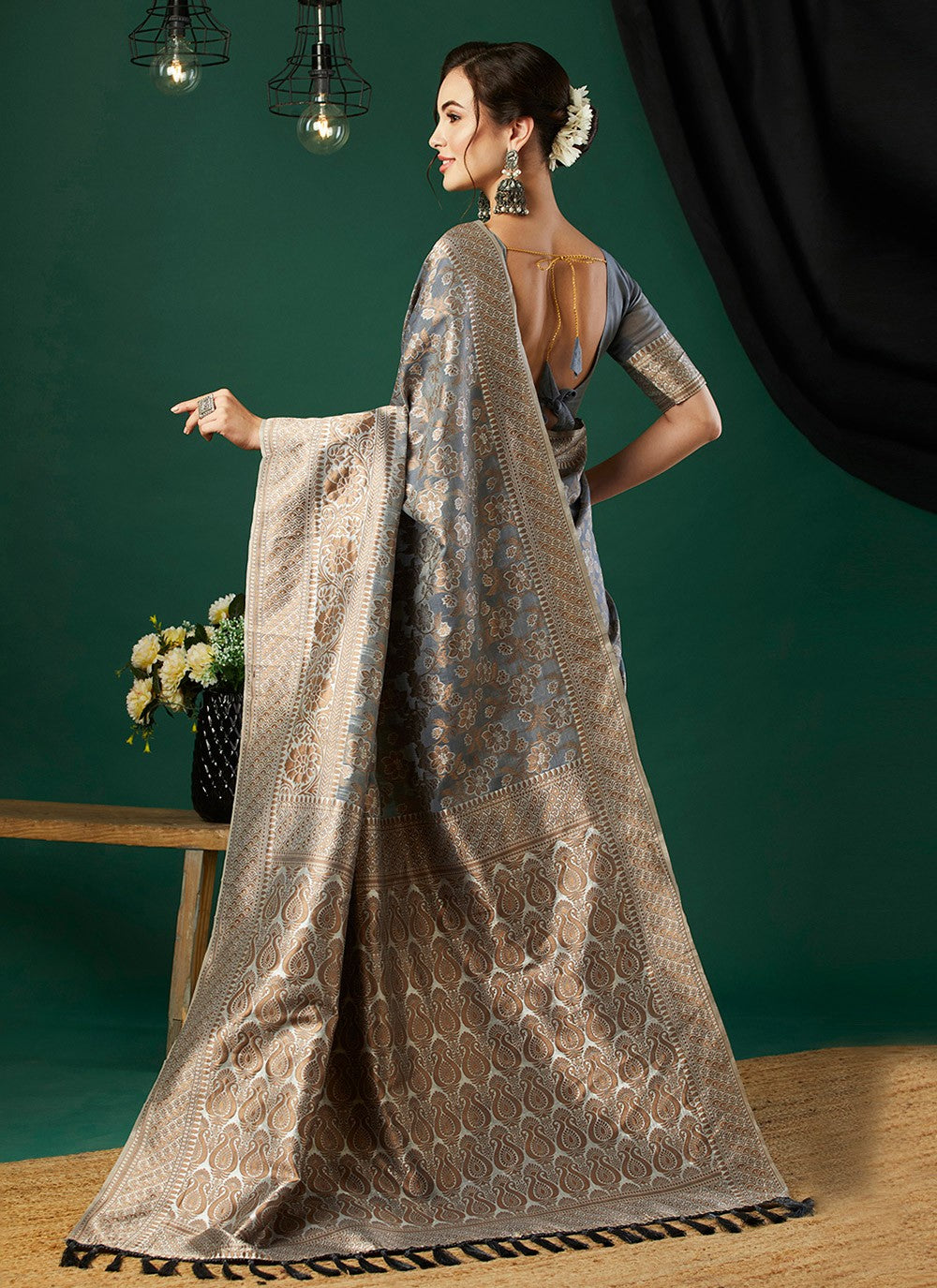 Casual Jacquard Work Linen Grey Saree - S11258