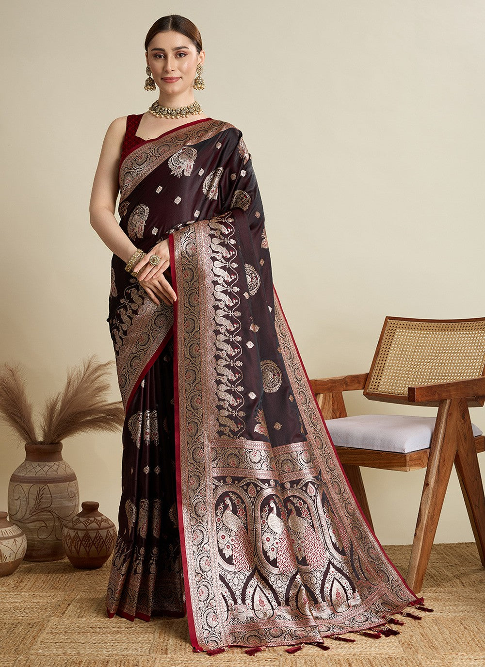 Maroon Satin Silk Classic Saree Woven S16821