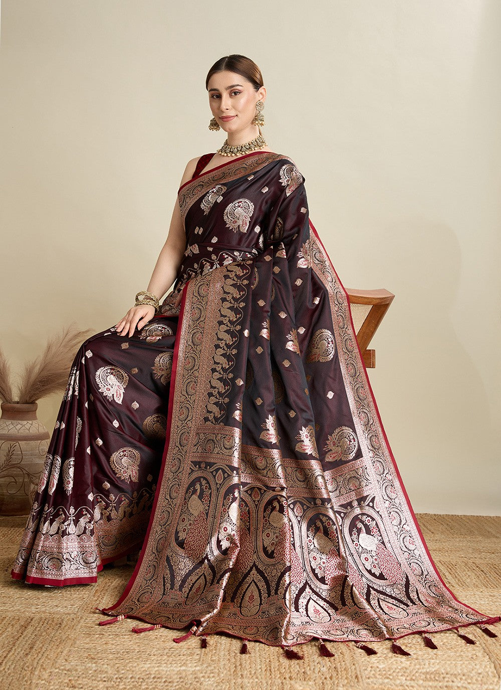 Maroon Satin Silk Classic Saree Woven S16821