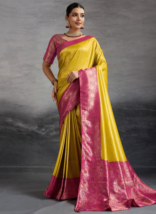 Mustard Kanjivaram Silk Classic Saree Meenakari, Woven, Zari S19102