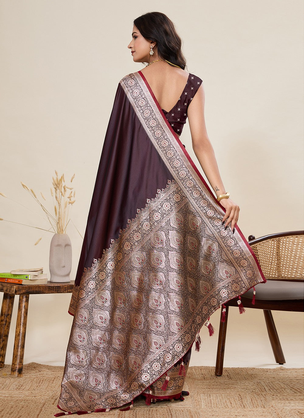 Brown Satin Silk Contemporary Saree Woven, Zari S19513