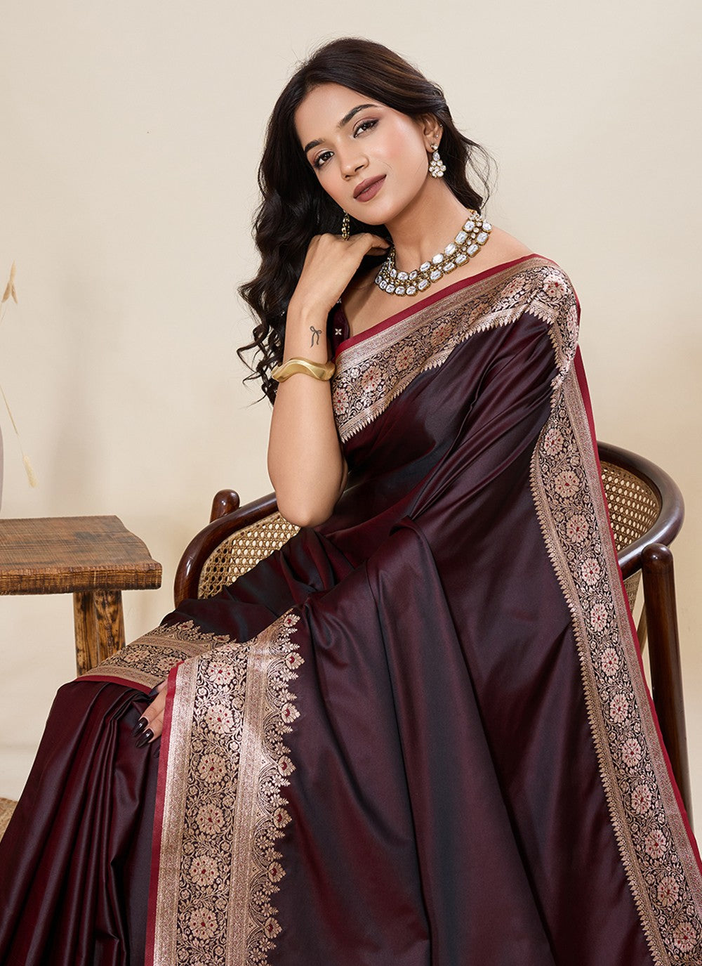 Brown Satin Silk Contemporary Saree Woven, Zari S19513