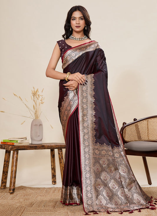 Brown Satin Silk Contemporary Saree Woven, Zari S19513