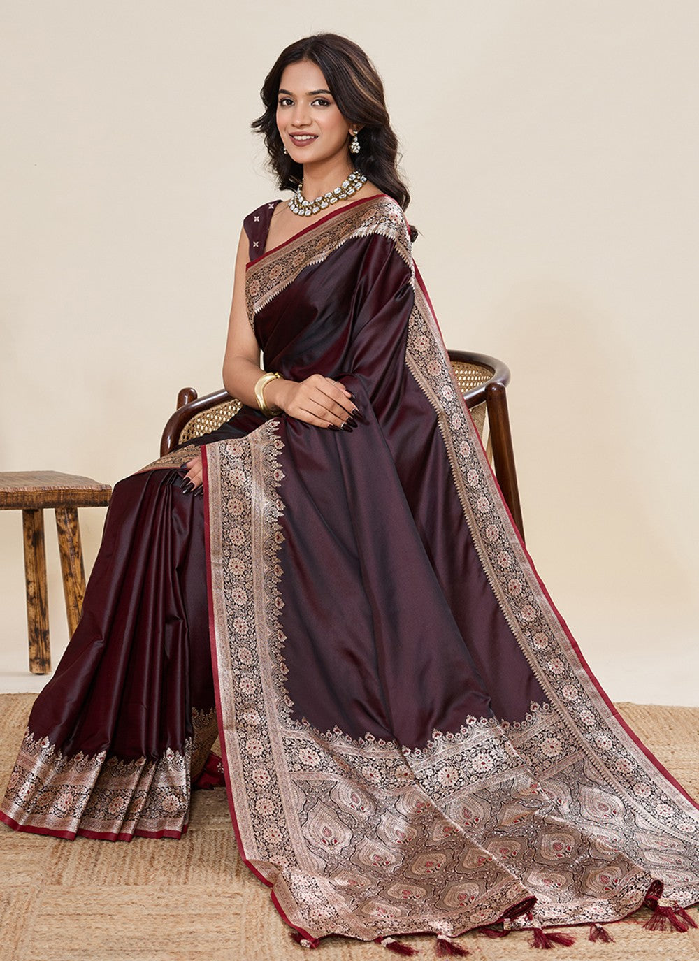 Brown Satin Silk Contemporary Saree Woven, Zari S19513