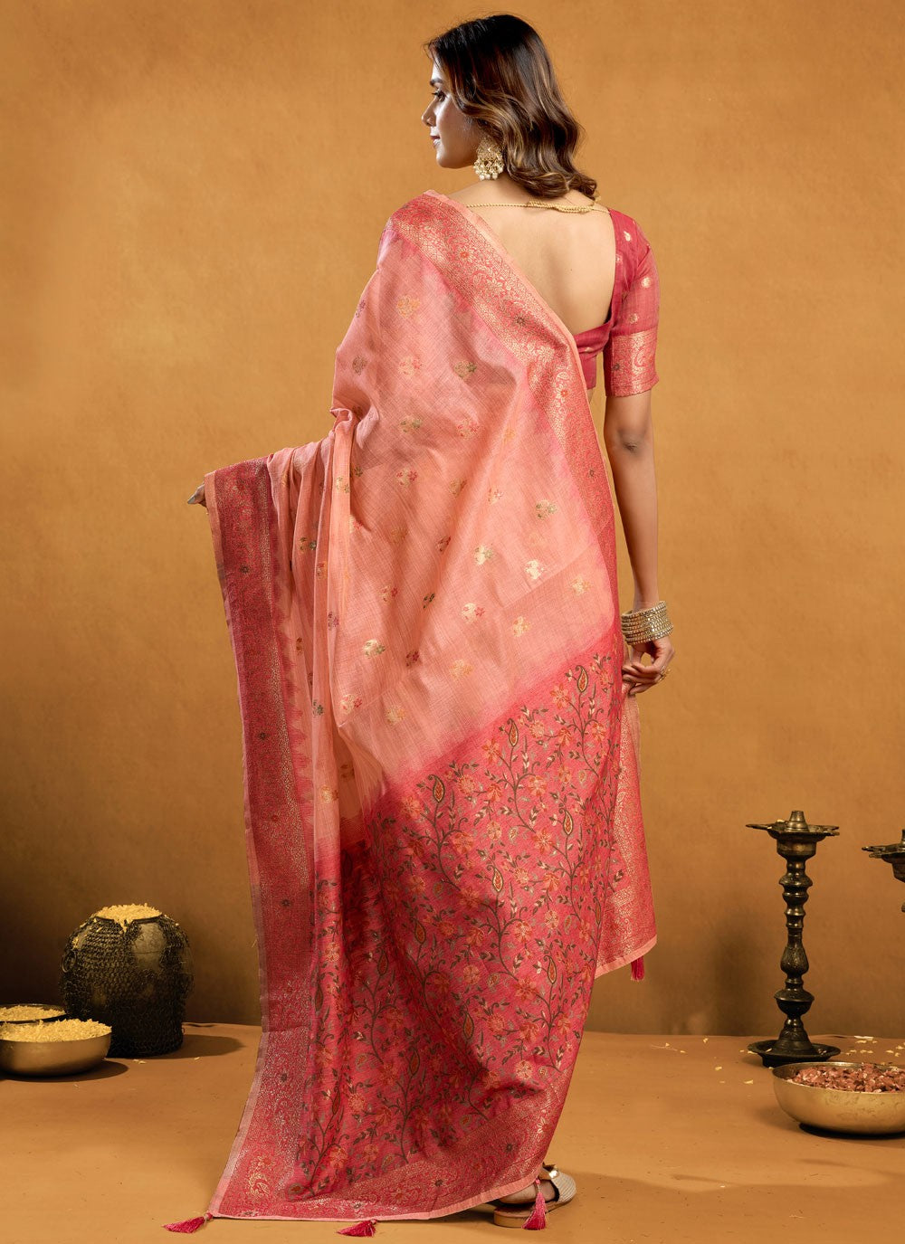 Peach Cotton Designer Saree Woven, Zari S17306