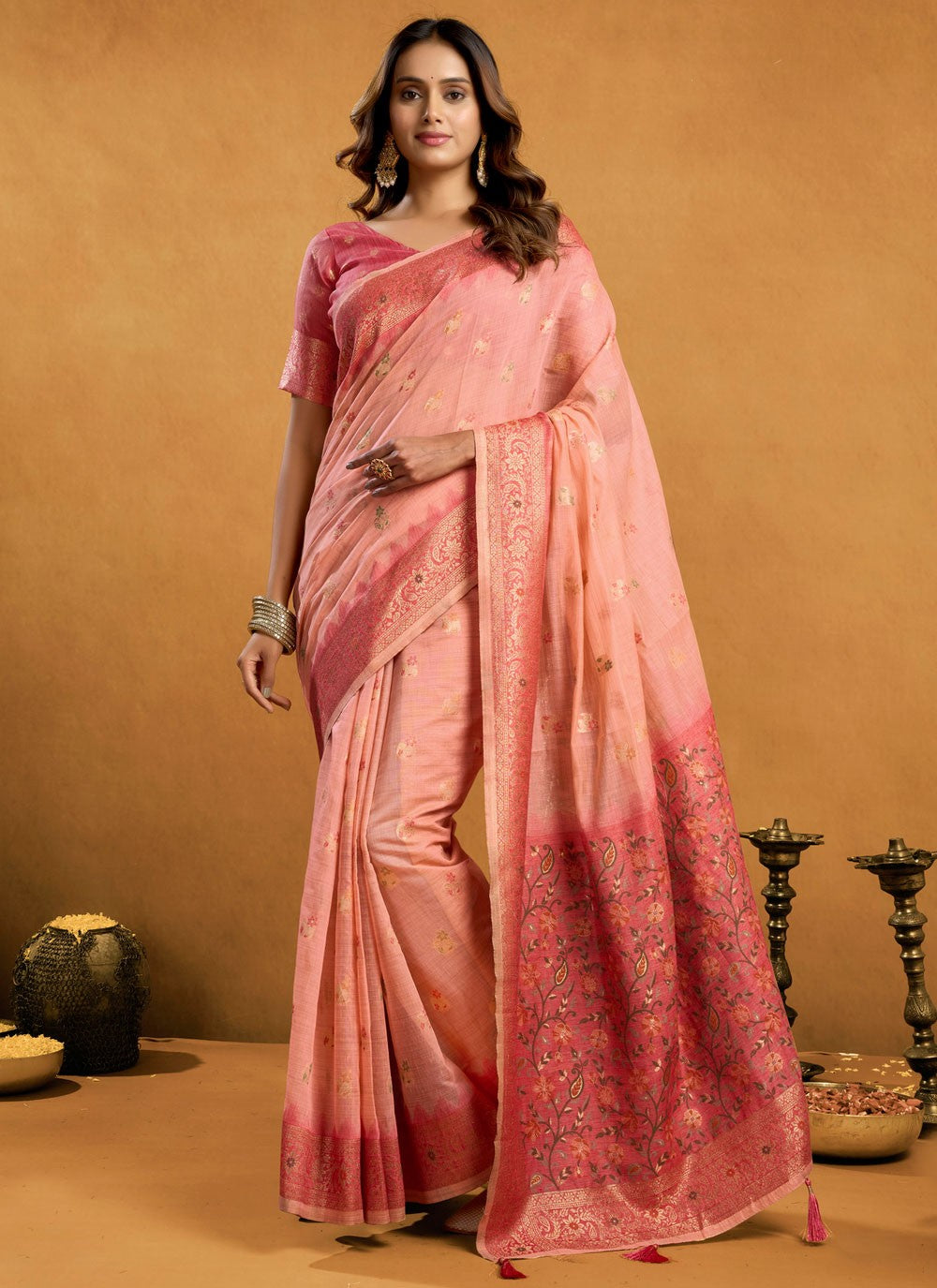 Peach Cotton Designer Saree Woven, Zari S17306