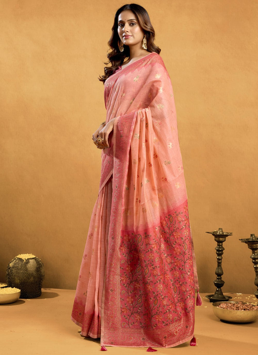 Peach Cotton Designer Saree Woven, Zari S17306