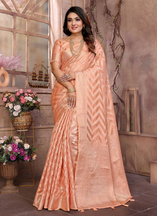 Classic Saree Woven Peach Organza Saree S13617