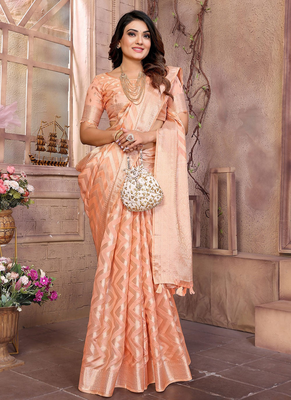 Classic Saree Woven Peach Organza Saree S13617