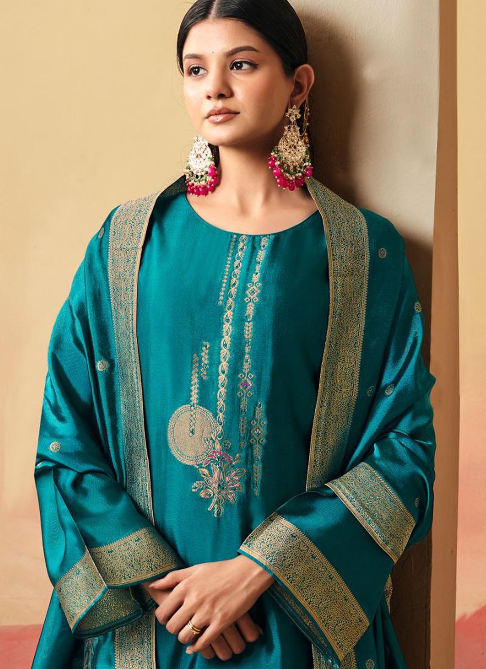 Floral Printed Pure Silk Morpeach Salwar Suit T6615