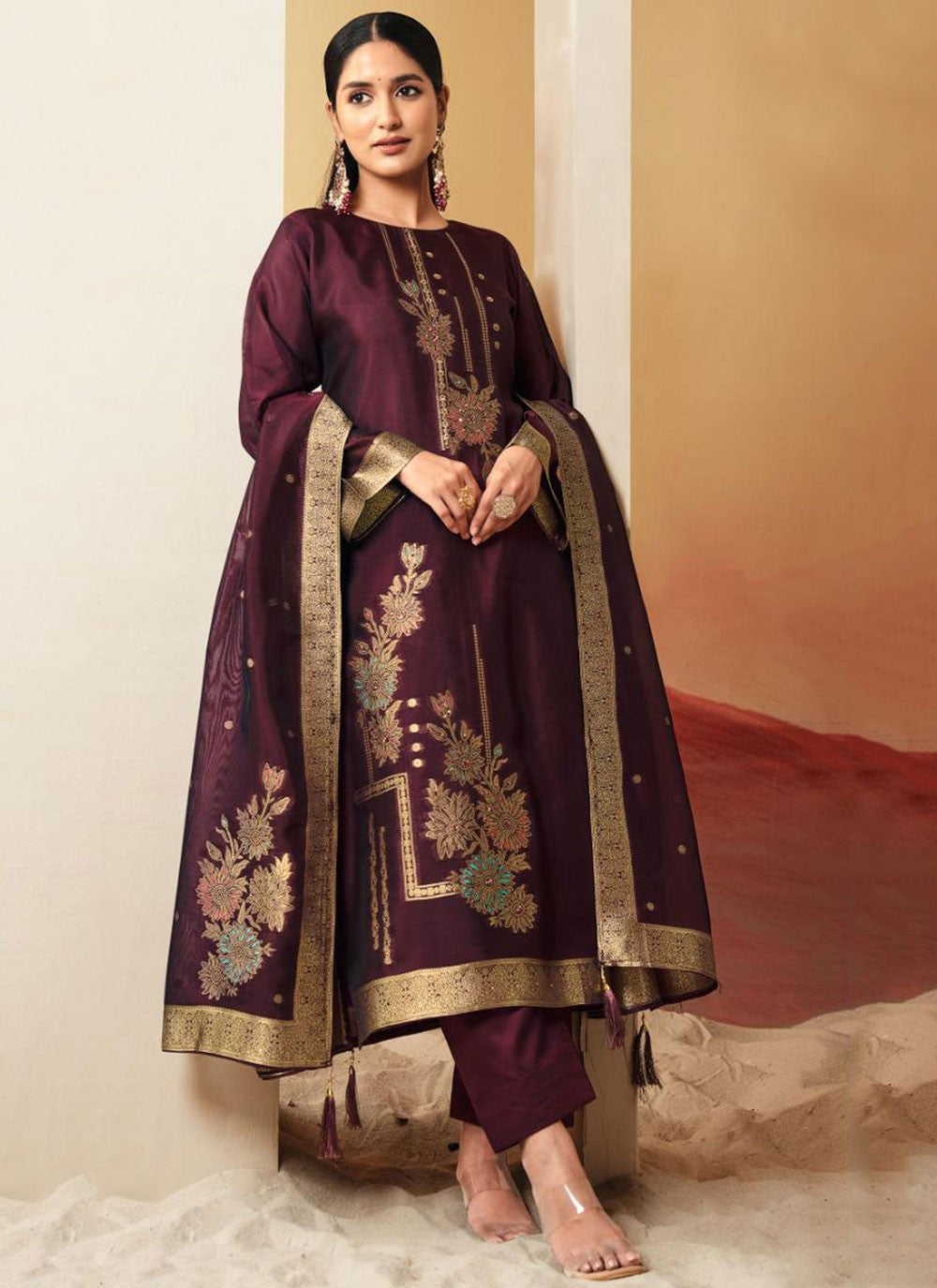 Floral Printed Pure Silk Purple Salwar Suit T6614