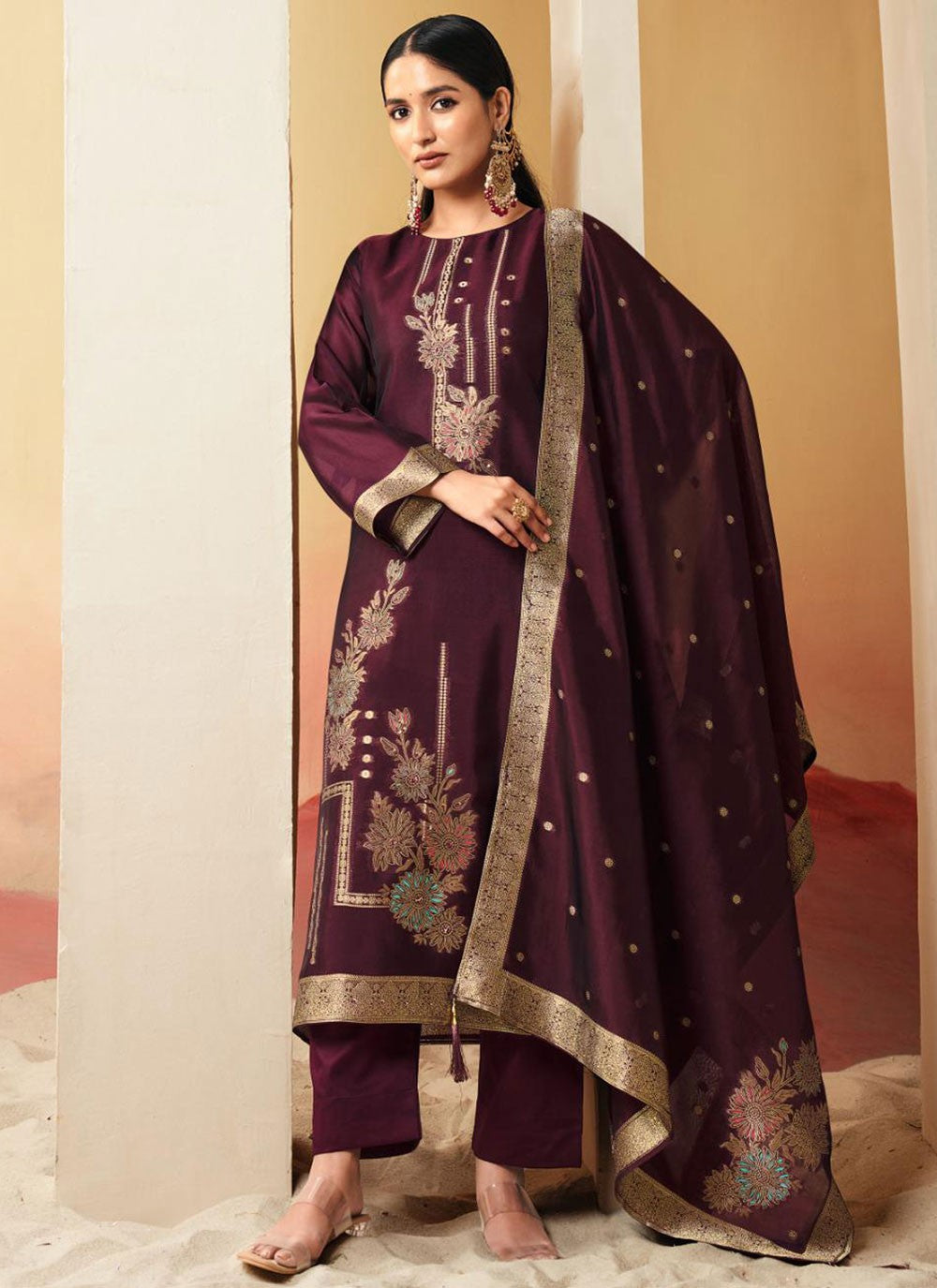 Floral Printed Pure Silk Purple Salwar Suit T6614