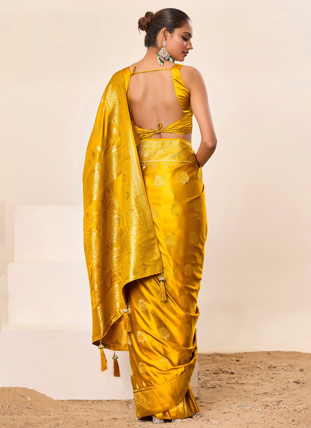 Yellow Satin Silk Classic Saree Jacquard Work, Woven S16453