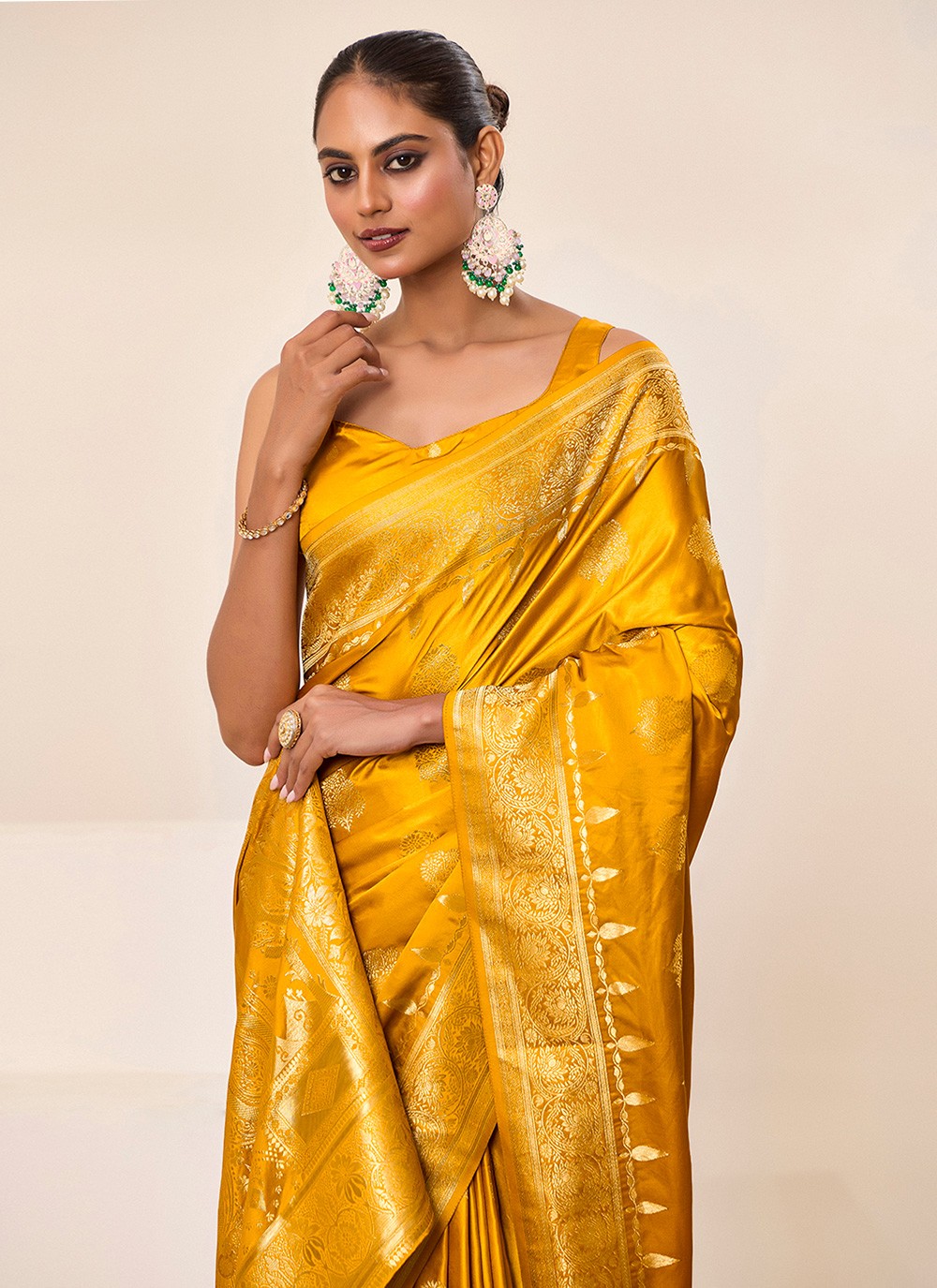 Yellow Satin Silk Classic Saree Jacquard Work, Woven S16453