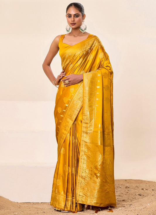 Yellow Satin Silk Classic Saree Jacquard Work, Woven S16453