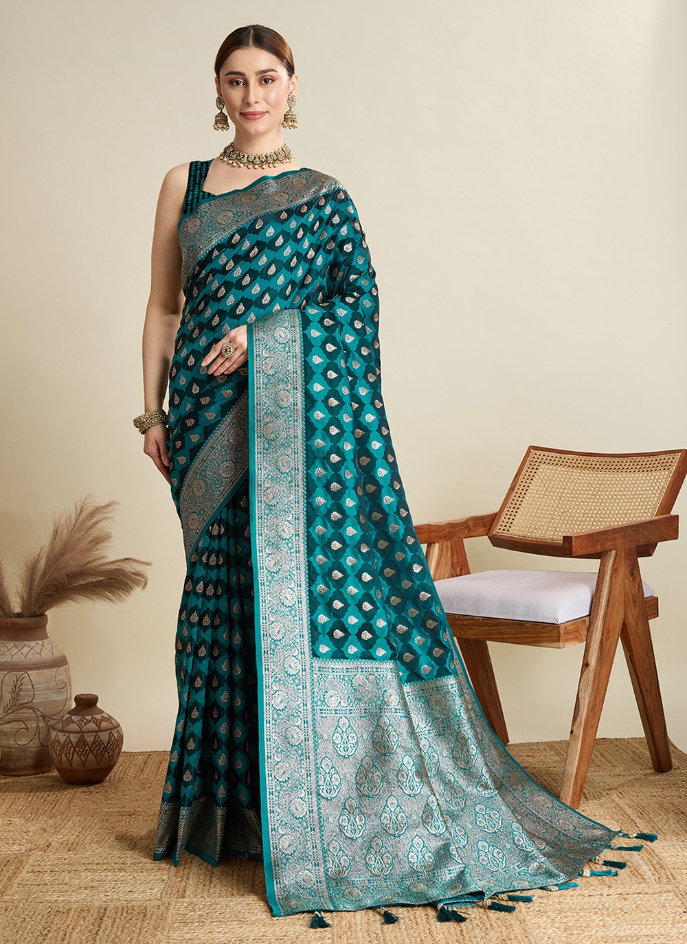 Sea Green Satin Silk Classic Saree Woven S16828