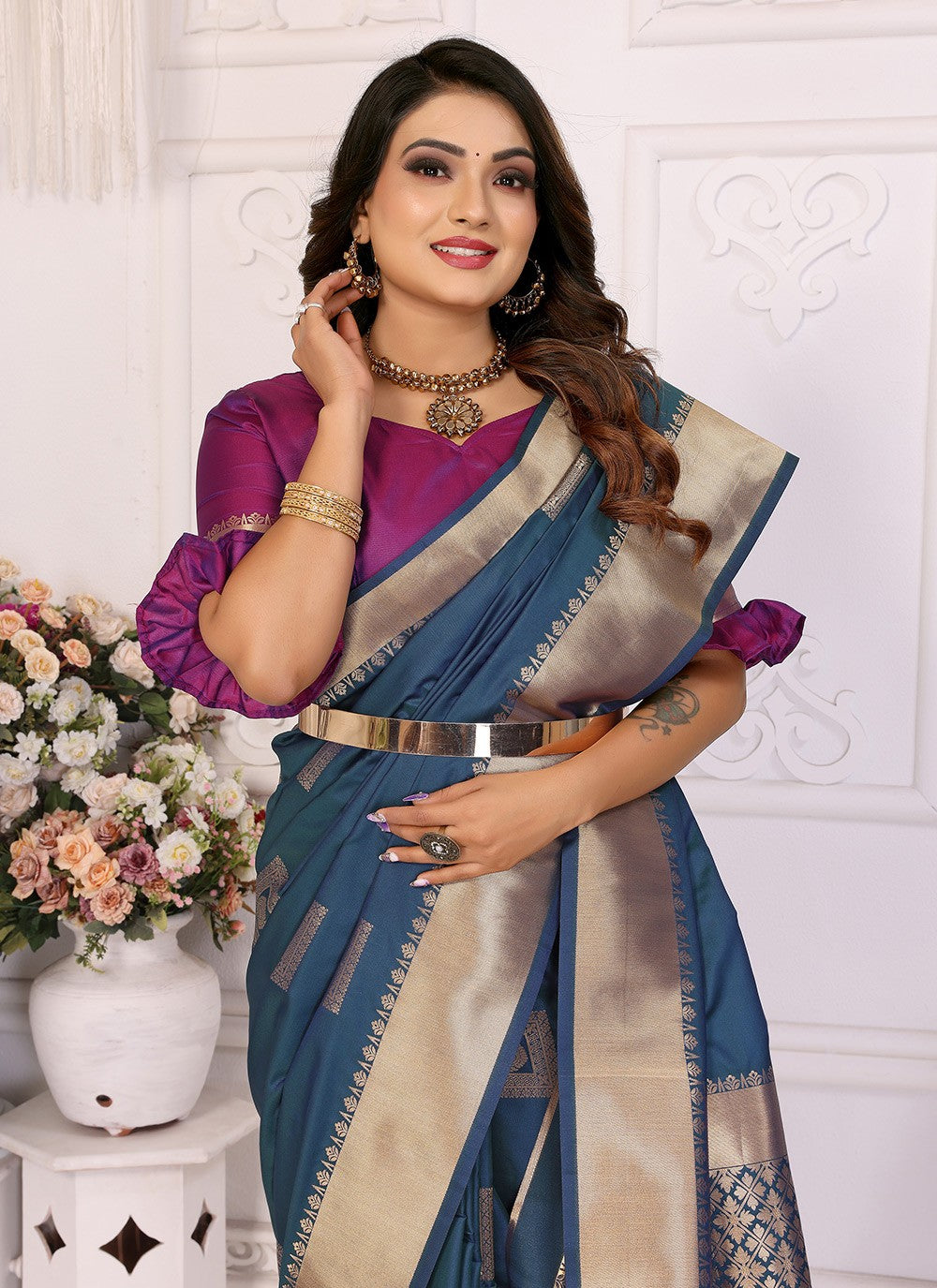Woven Silk Blue Saree S14742