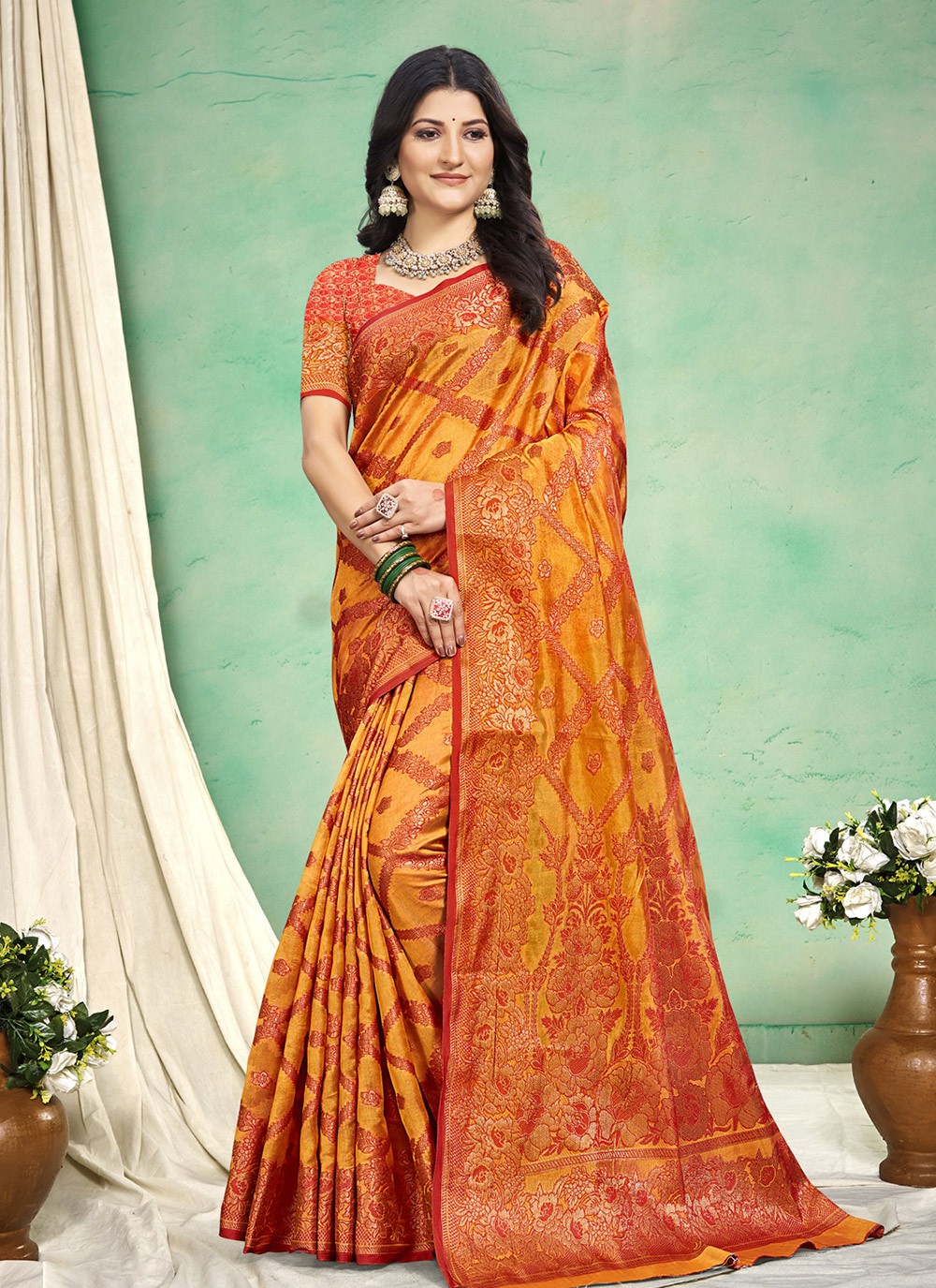 Contemporary Woven Mustard Silk Saree S12710