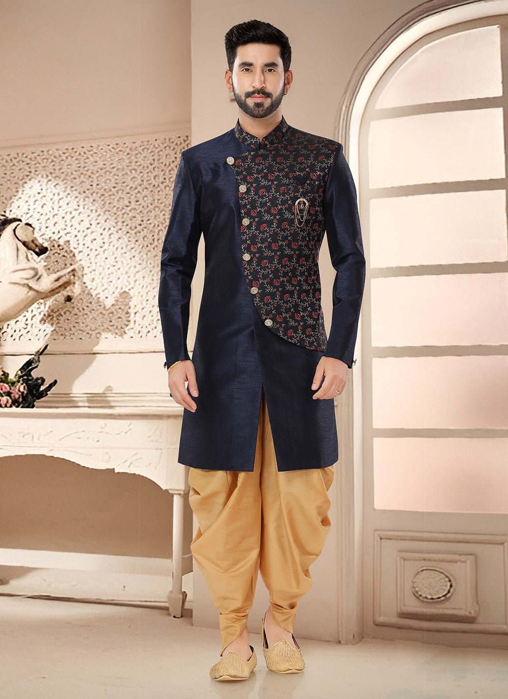 Woven Silk Blue Sherwani - M7533