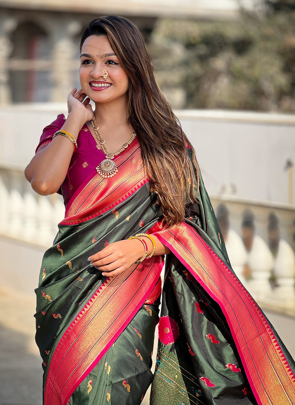 Green Silk Trendy Saree Jacquard Work, Woven S16042