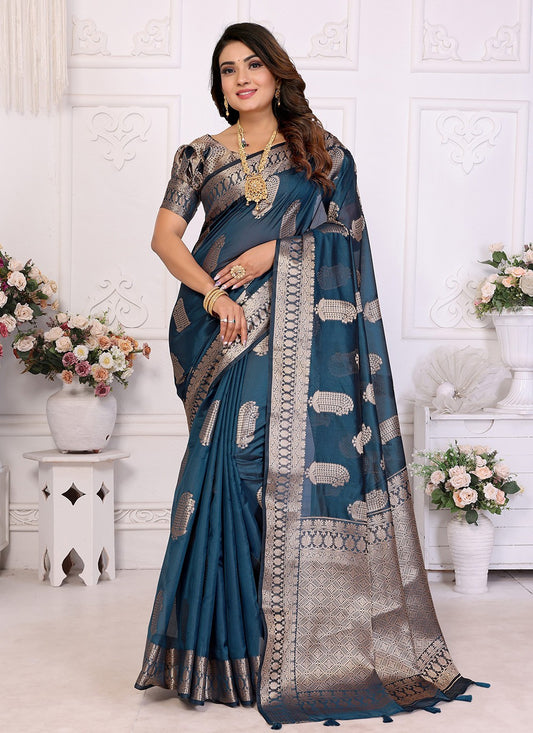 Trendy Saree Woven Teal Organza Saree S13623