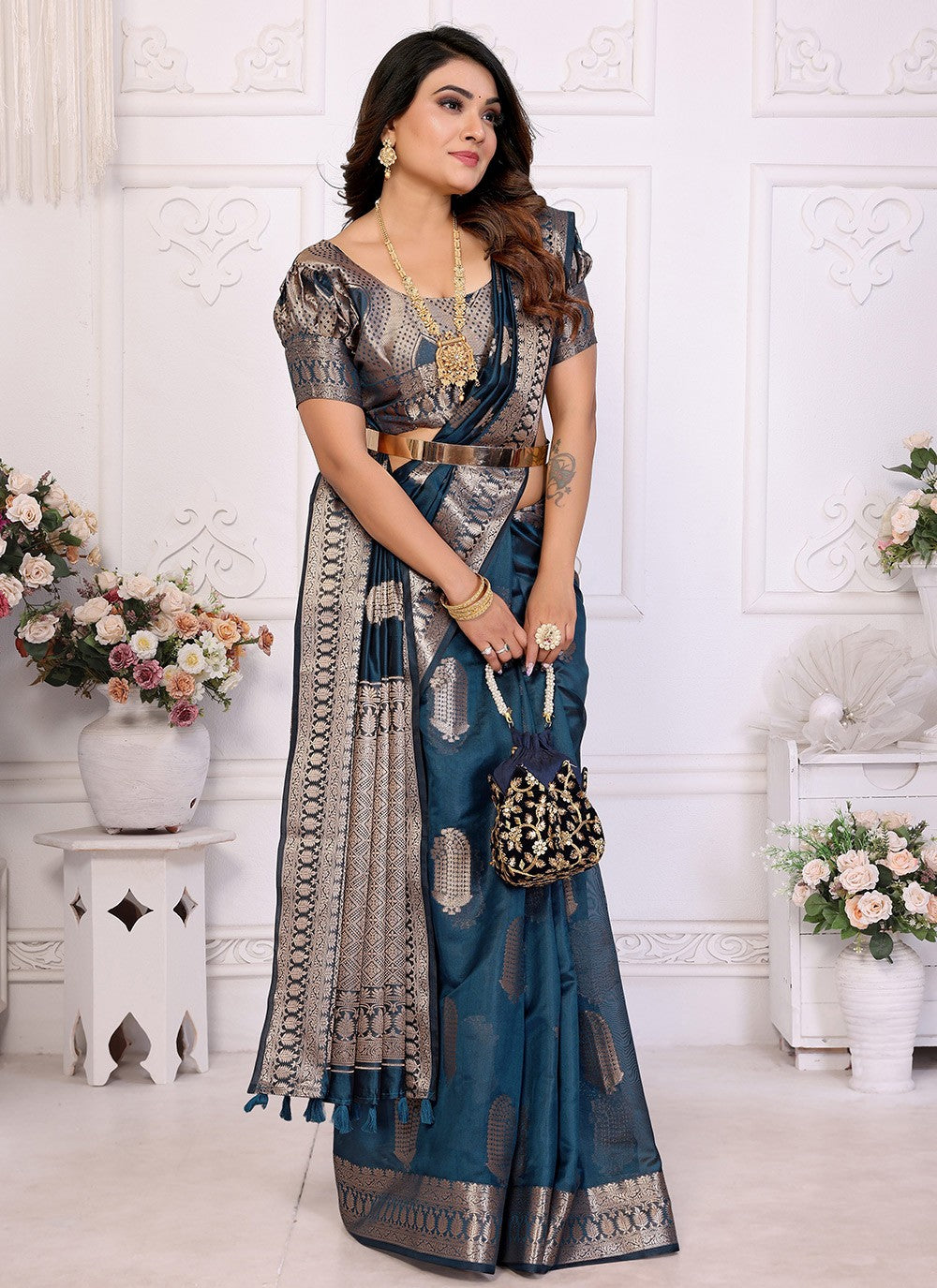 Trendy Saree Woven Teal Organza Saree S13623