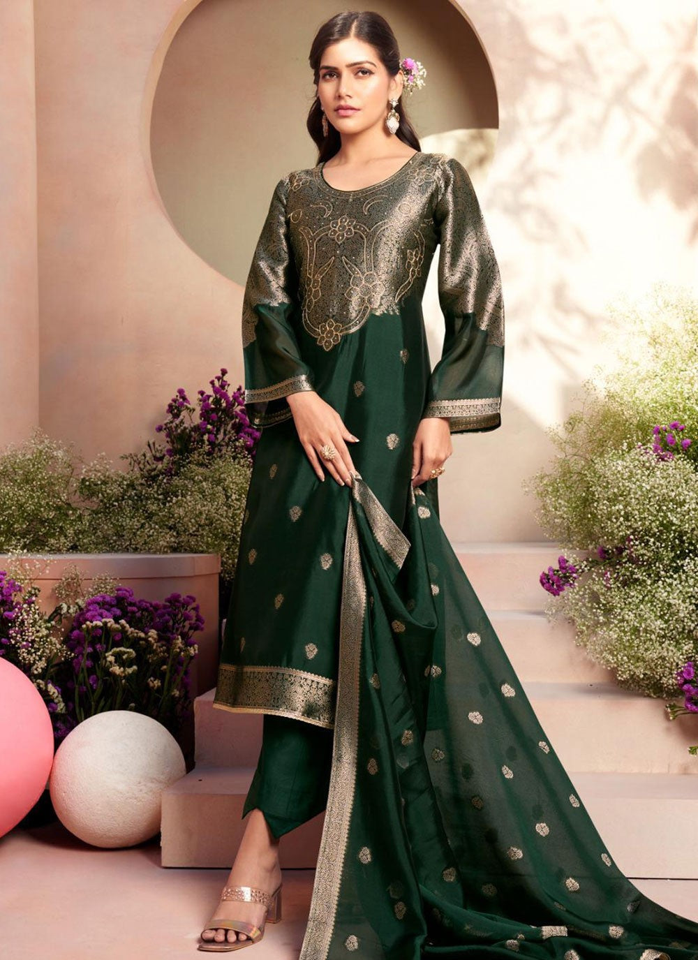 Crystals Silk Green Salwar Suit T6591