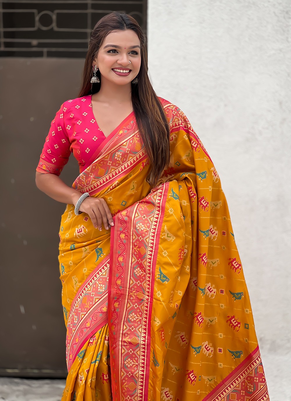 Yellow Patola Silk Trendy Saree Meenakari, Woven S16573