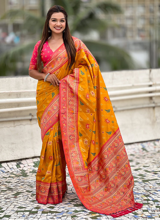 Yellow Patola Silk Trendy Saree Meenakari, Woven S16573
