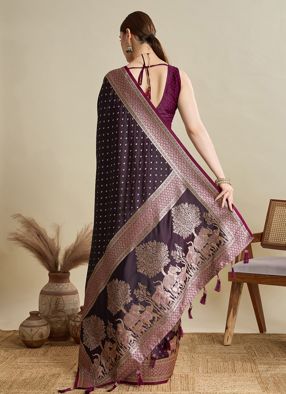 Wine Satin Silk Classic Saree Woven, Zari S16983