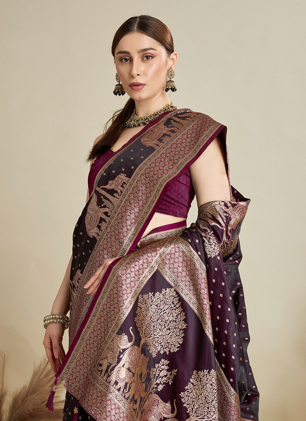 Wine Satin Silk Classic Saree Woven, Zari S16983