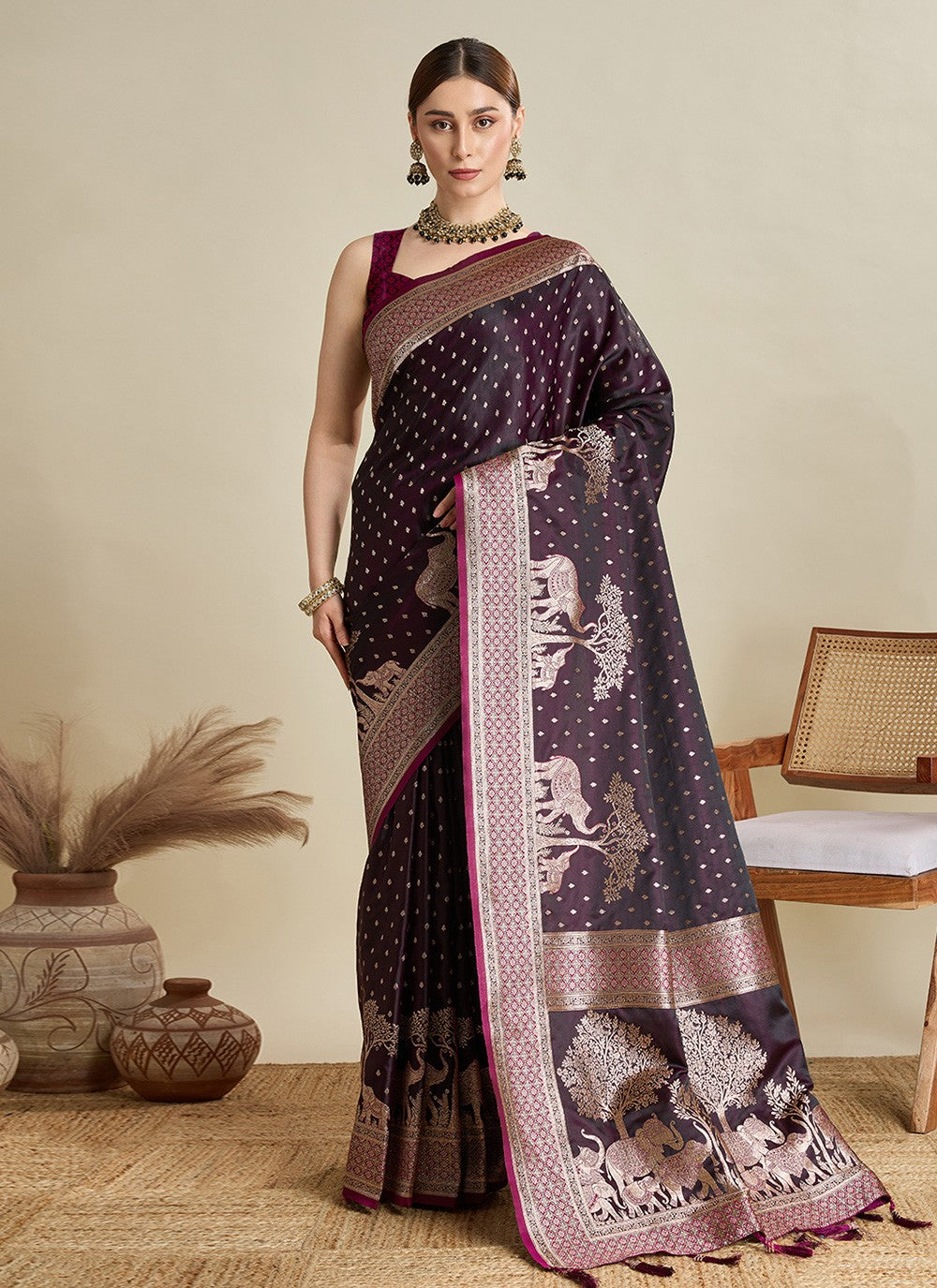 Wine Satin Silk Classic Saree Woven, Zari S16983