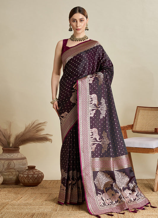 Wine Satin Silk Classic Saree Woven, Zari S16983