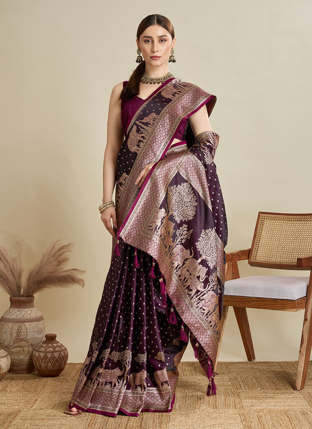 Wine Satin Silk Classic Saree Woven, Zari S16983