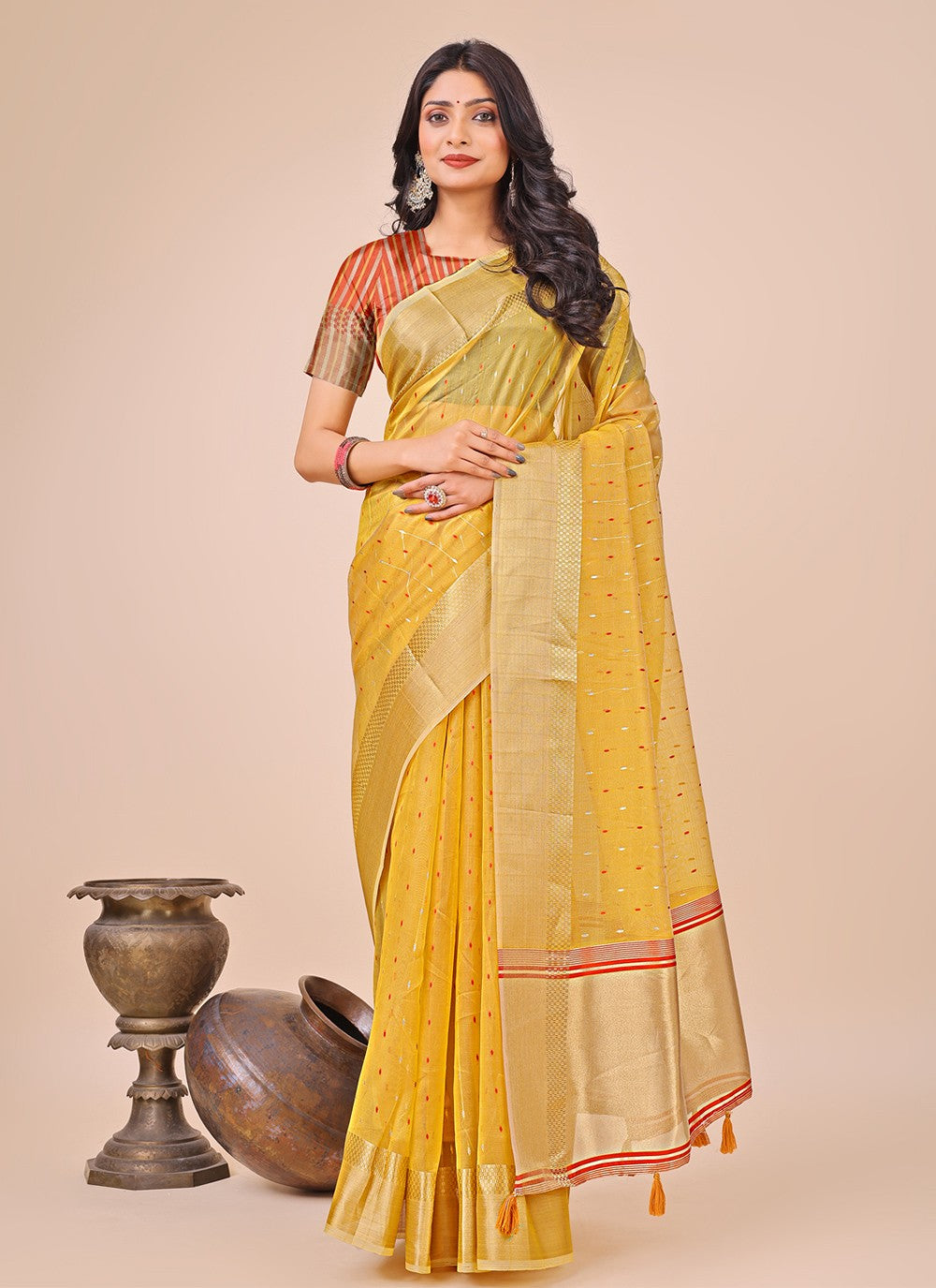 Woven Organza Yellow Trendy Saree S15188