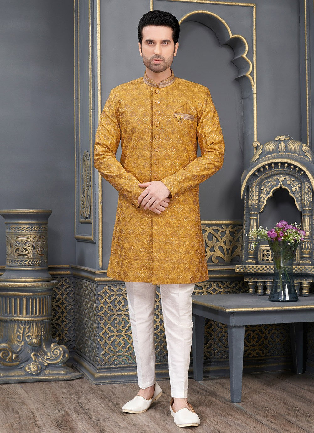 Embroidered Art Silk Yellow Indo Western - M6458