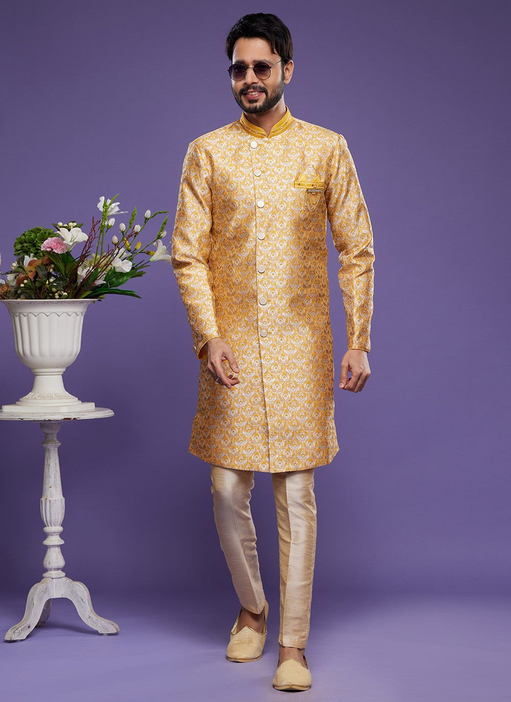 Embroidered Banarasi Jacquard Yellow Indo Western - M6007